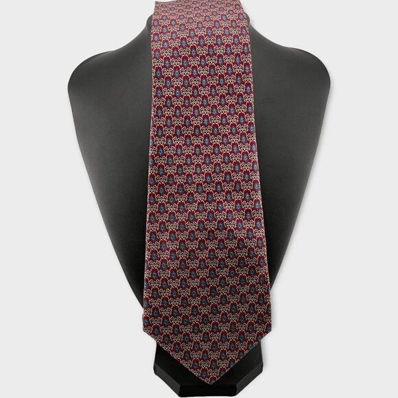 Neiman Marcus Silk Tie Burgundy and Aqua Medallion Pattern Handmade in Italy - Picture 3 of 11